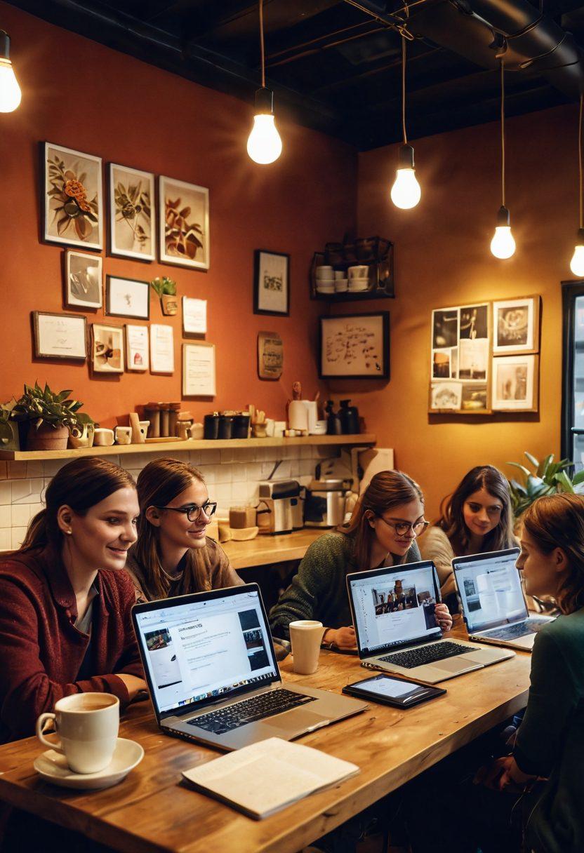 A cozy coffee shop scene with a laptop open displaying a vibrant blog layout, surrounded by steaming mugs and fresh pastries. A diverse group of people engaged in conversation, sharing ideas, and writing on notebooks, with warm light illuminating the space to evoke creativity and community. Intimate details like potted plants and wall art reflect a welcoming atmosphere. super-realistic. warm tones. soft lighting.