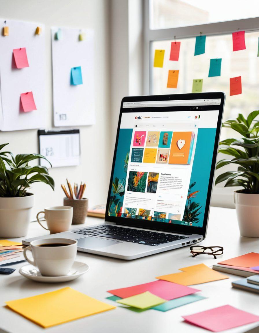 A creative workspace featuring a laptop with a vibrant blog interface on the screen, surrounded by colorful sticky notes, coffee cups, and inspiring books. Include a dynamic flow of digital icons symbolizing ideas transforming into online engagement, like hearts, shares, and comments. The background features a modern, bright office setting with plants and artwork to evoke inspiration. super-realistic. vibrant colors. white background.