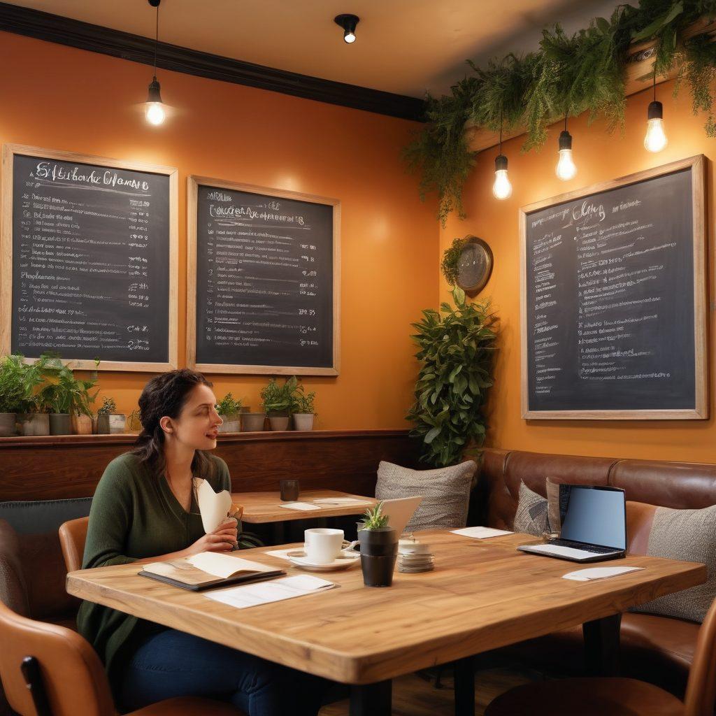 A cozy cafe scene with diverse people engaged in lively discussion around wooden tables, warm lighting casting a relaxed atmosphere. Include a chalkboard menu in the background and coffee cups on the table, with a laptop showing a blog post about discussion fostering. Elements of vibrant decor and greenery add to the inviting vibe. super-realistic. warm tones.